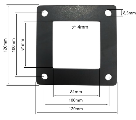 Rysunek techniczny marki montażowej 80×80 mm z dokładnymi wymiarami