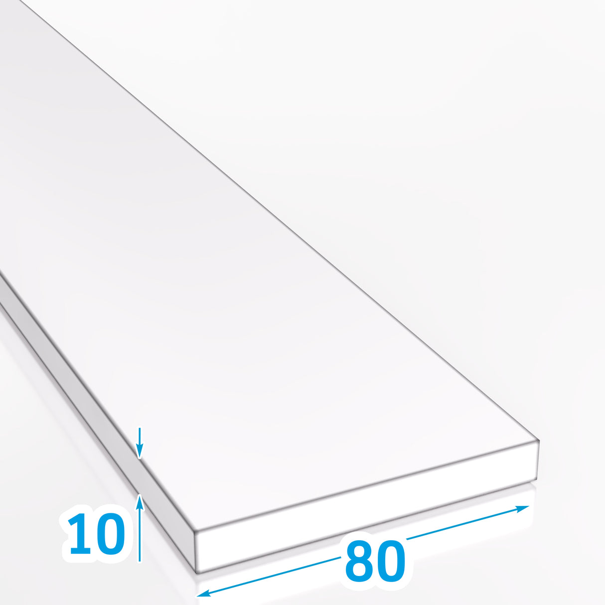 Płaskownik aluminiowy 80x10 mm – rzut z wymiarami szerokości i grubości aluminium PA38 EN AW-6060 T66