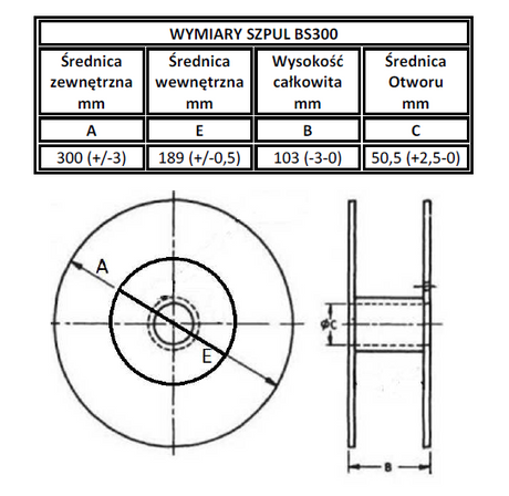 Wymiary techniczne szpuli drutu spawalniczego fi 1,2 mm 15 kg SG2 JQ.MG50 MIG/MAG do stali